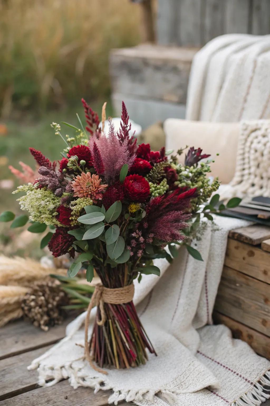 Bohemian deep red bouquet featuring dried flowers.