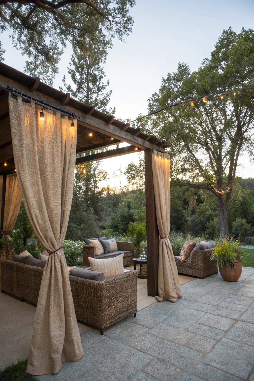Outdoor comfort featuring hessian drapes on the patio.