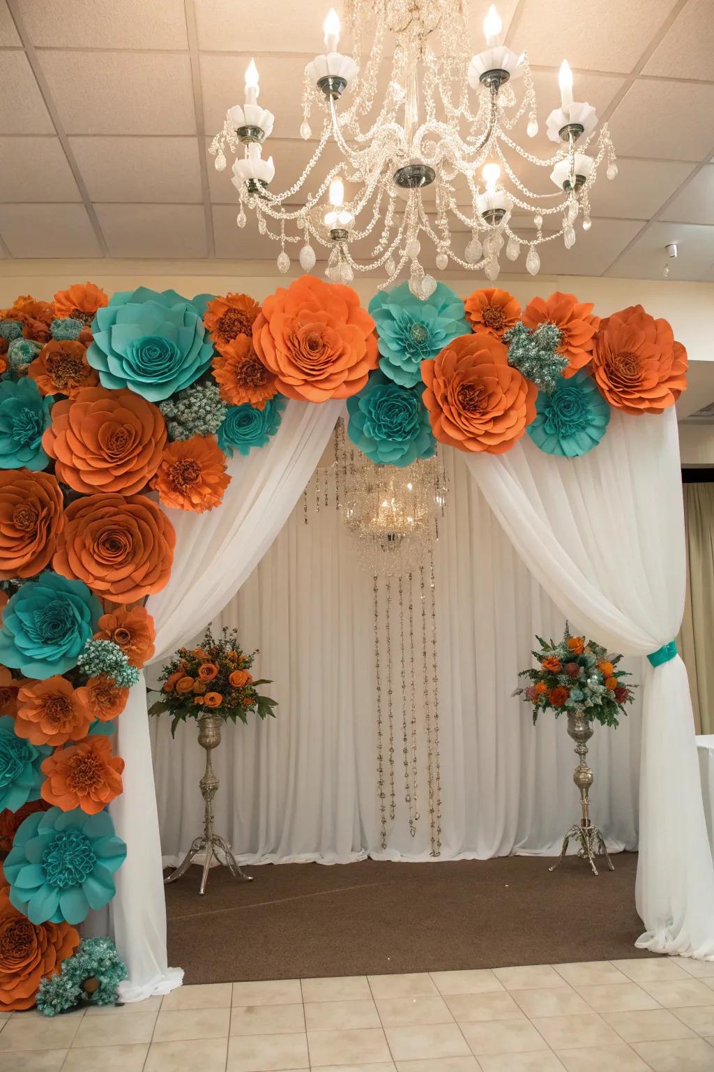 A playful image backdrop with rust orange and cerulean flowers.