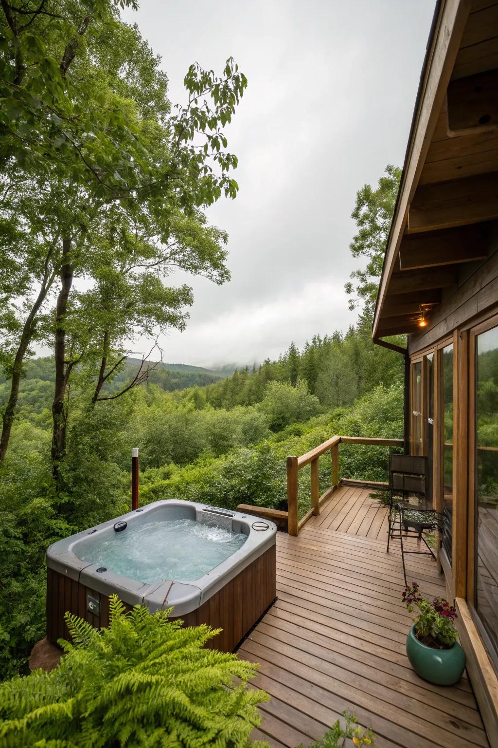 A <strong><em>hot tub</em></strong> on the <strong><em>deck</em></strong> tendering a private sanctuary.” loading=”lazy” class=”pimg”>
	</picture><figcaption>A <strong><em>hot tub</em></strong> on the <strong><em>deck</em></strong> tendering a private sanctuary.</figcaption></figure>
<p>Fashion a <strong><em>hot tub</em></strong> zone on your <strong><em>deck</em></strong> for ultimate repose. It’s your personalized spa sanctuary, fitting for unwinding post a lengthy day.</p>
<h3>Some handy options:</h3>
<ul class=