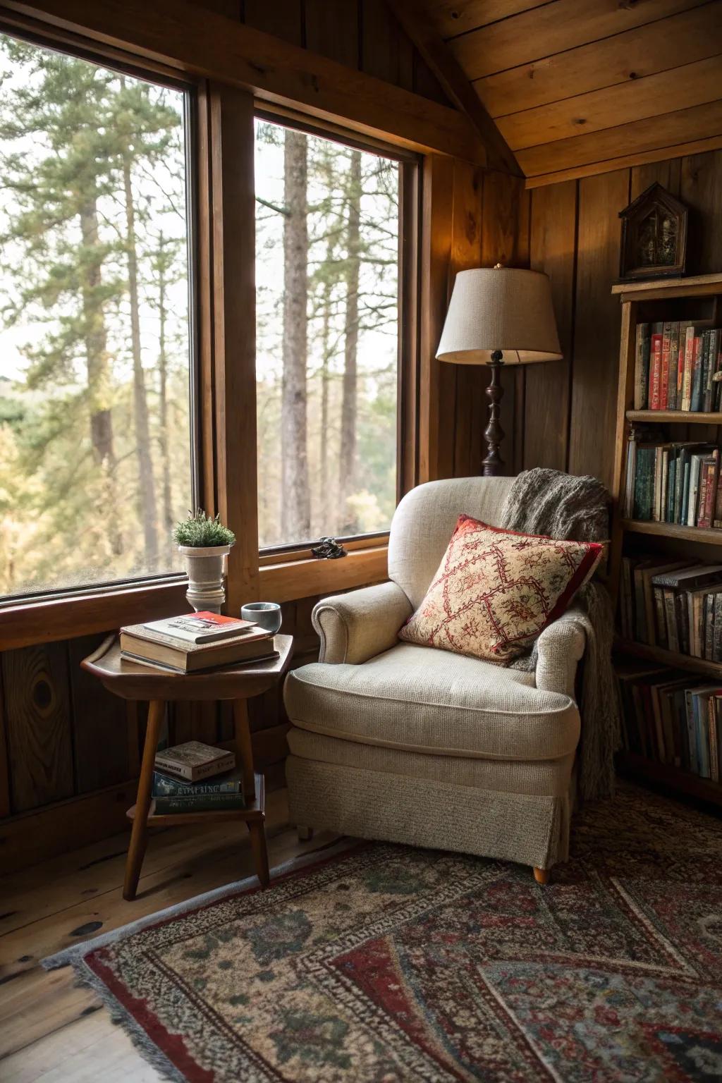 A reading corner offers a personal retreat.