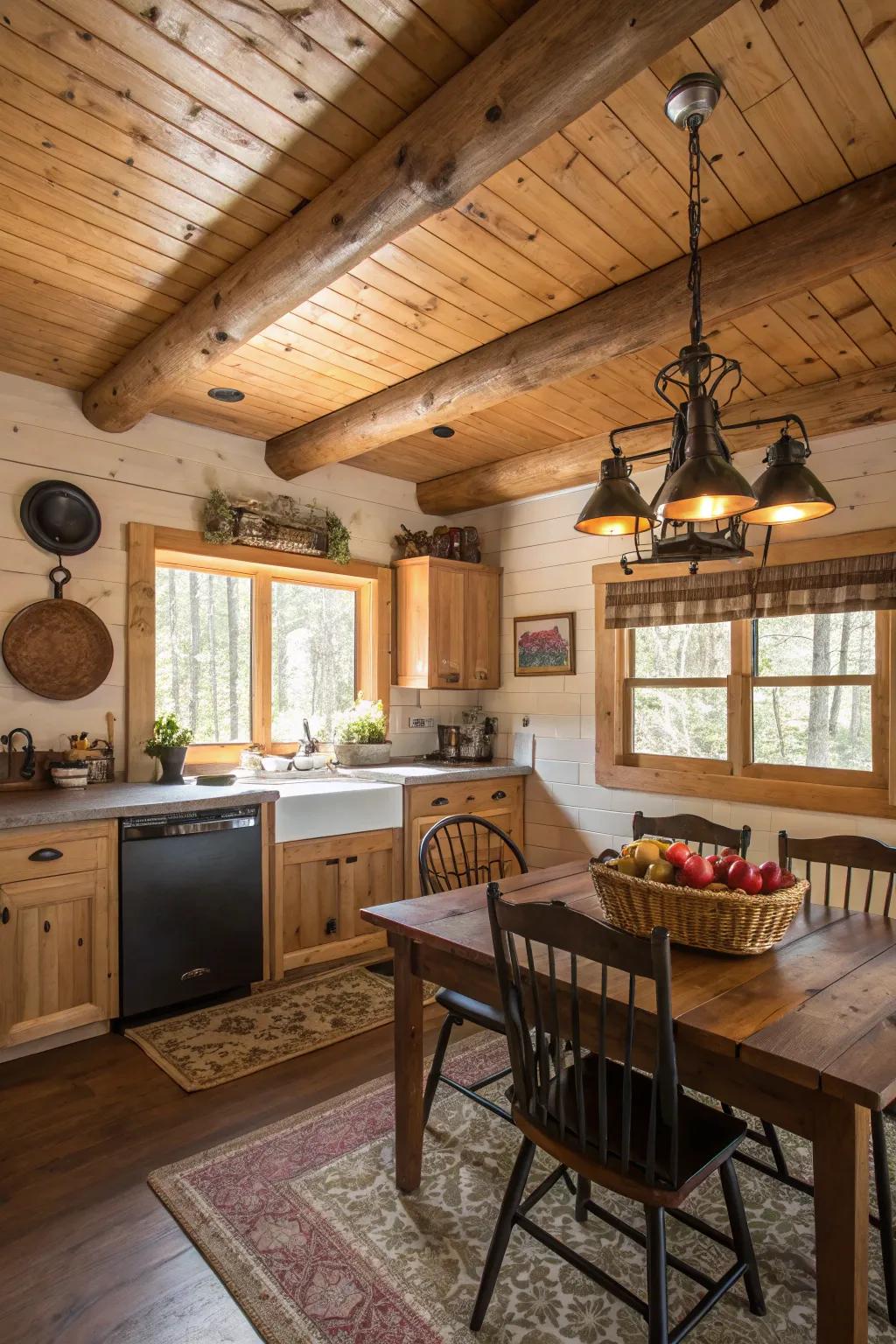 A timber plank ceiling introduces dimension and warmth to a cabin kitchen.