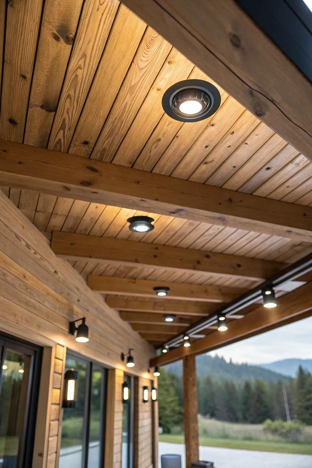 Recessed lights producing a smooth look in a cabin ceiling.