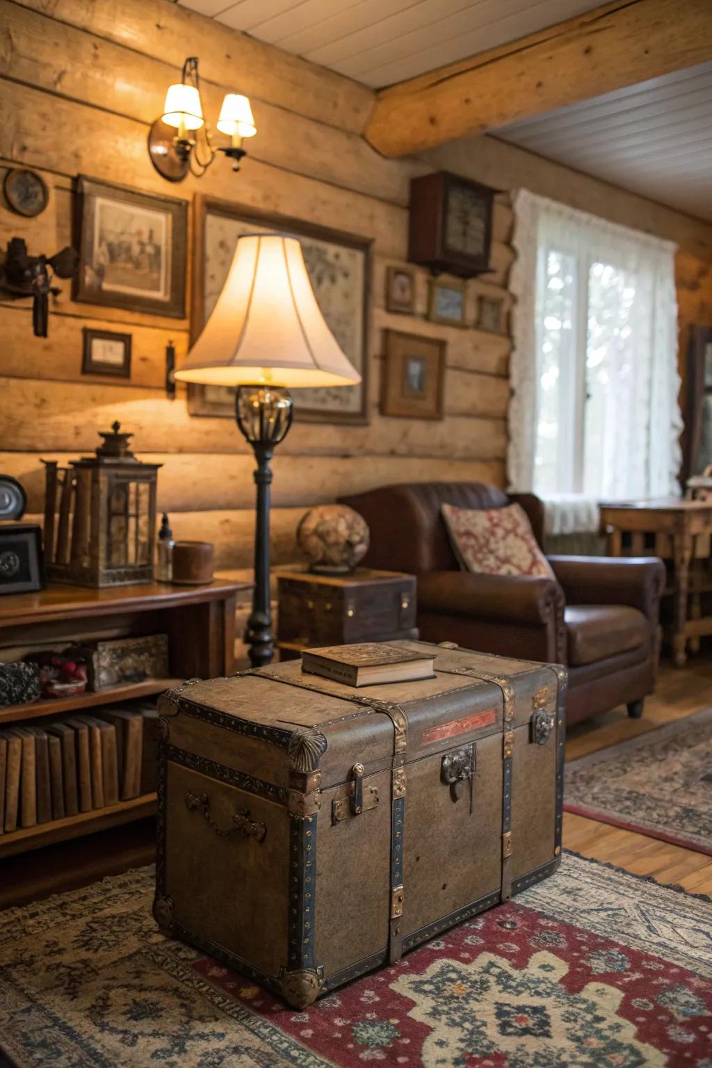 Vintage decor items add personality and a nostalgic vibe to this cabin space.