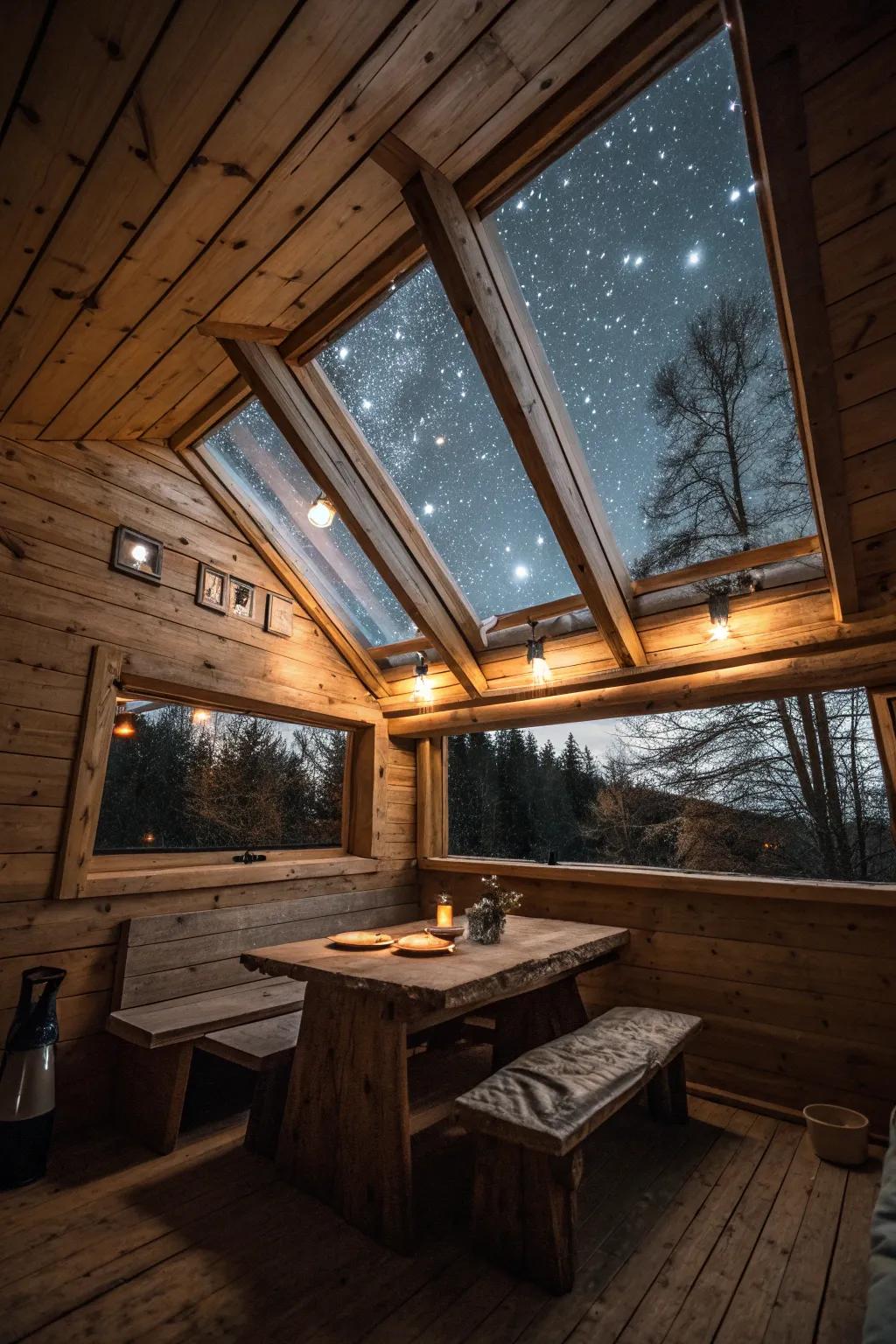 Overhead windows transform this cabin into a stargazer's paradise.