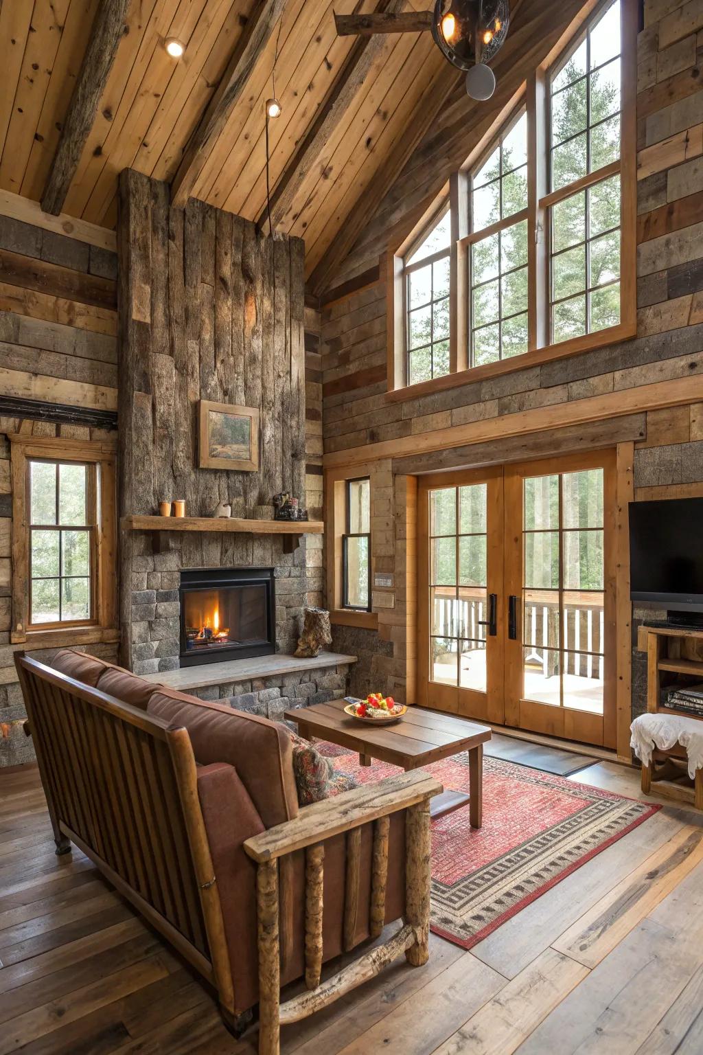 Salvaged barn timber appending countryside charm to the cabin walls.