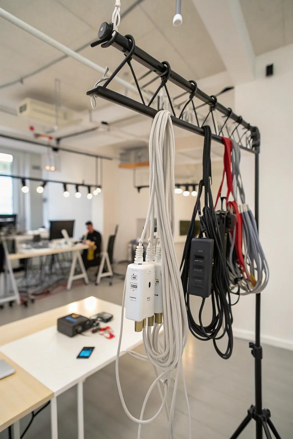 Hanging rack repurposed for wire storage.