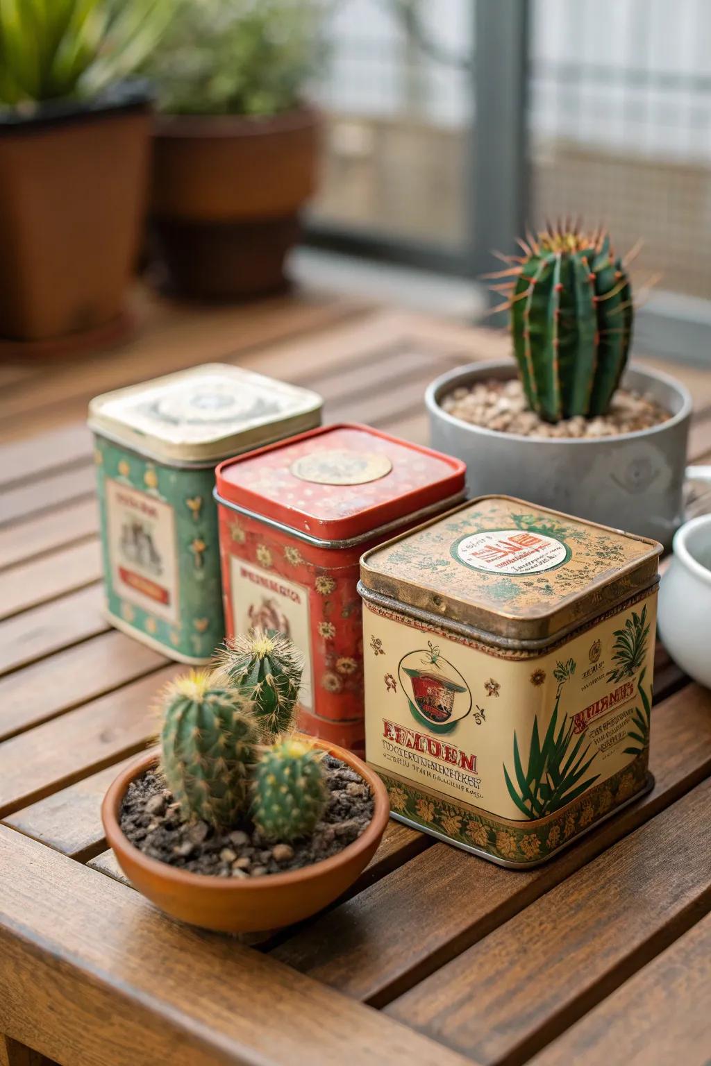 Antique tea canisters reimagined as lovely cactus holders.