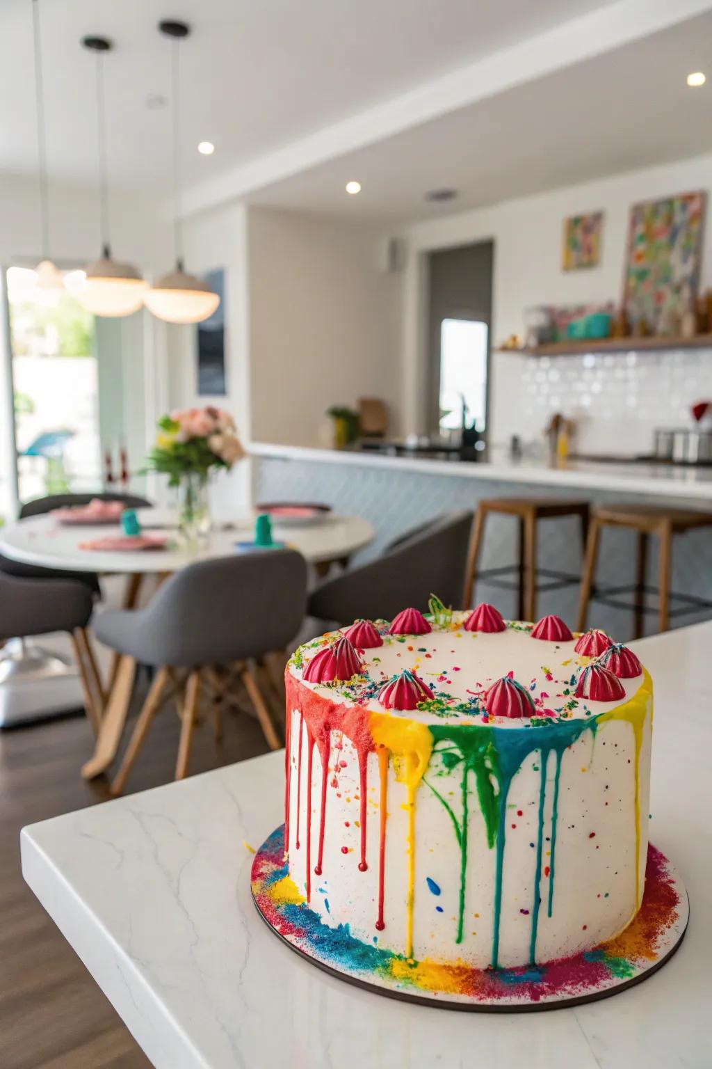 Contemporary and enjoyable edible paint burst on a buttercream cake