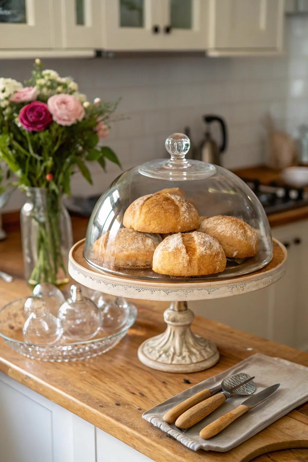 Transform ordinary kitchen articles into a centerpiece with a glass dome.