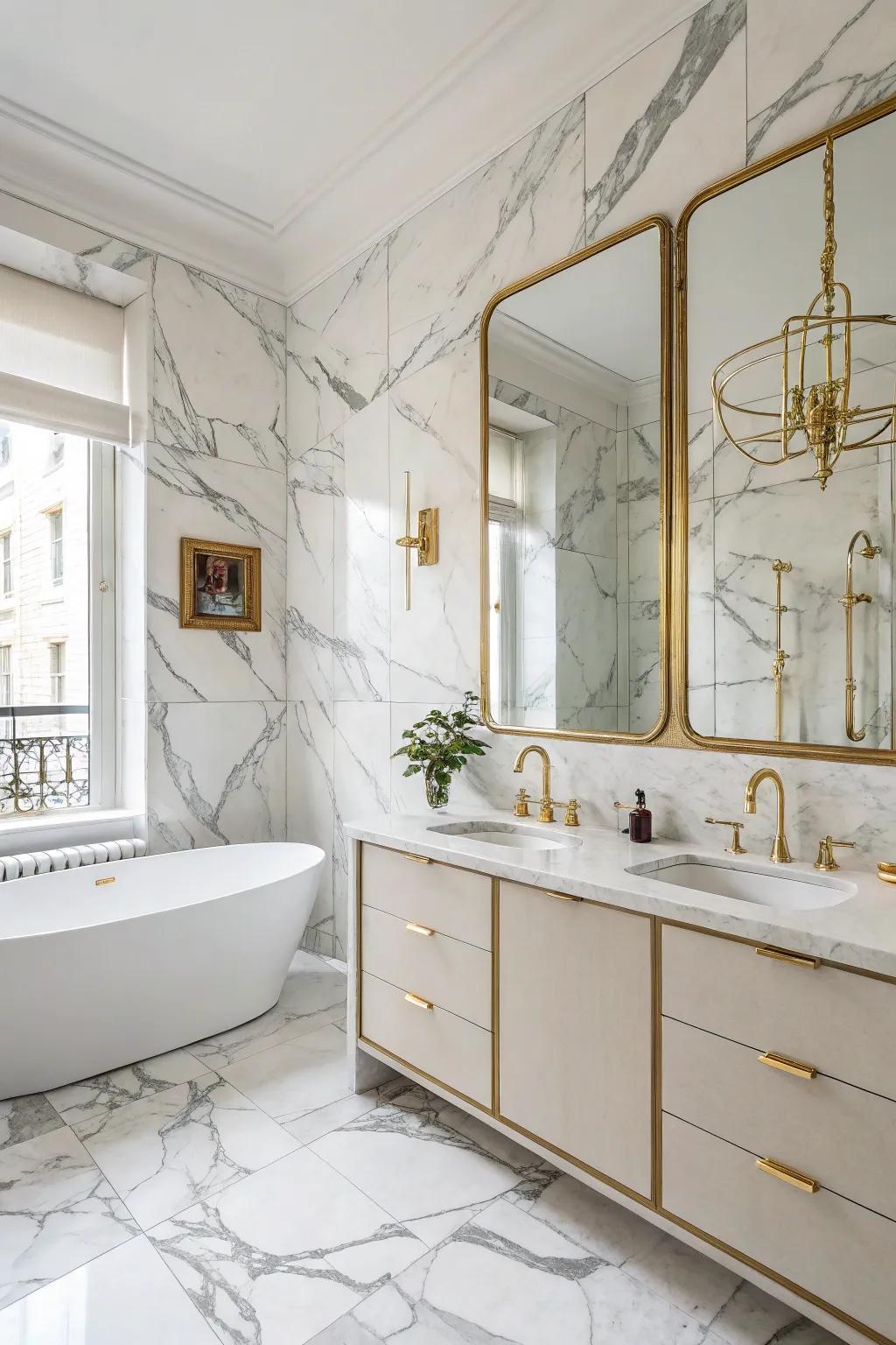 A lavish bathroom featuring Luminous Stone slabs and gilded highlights.