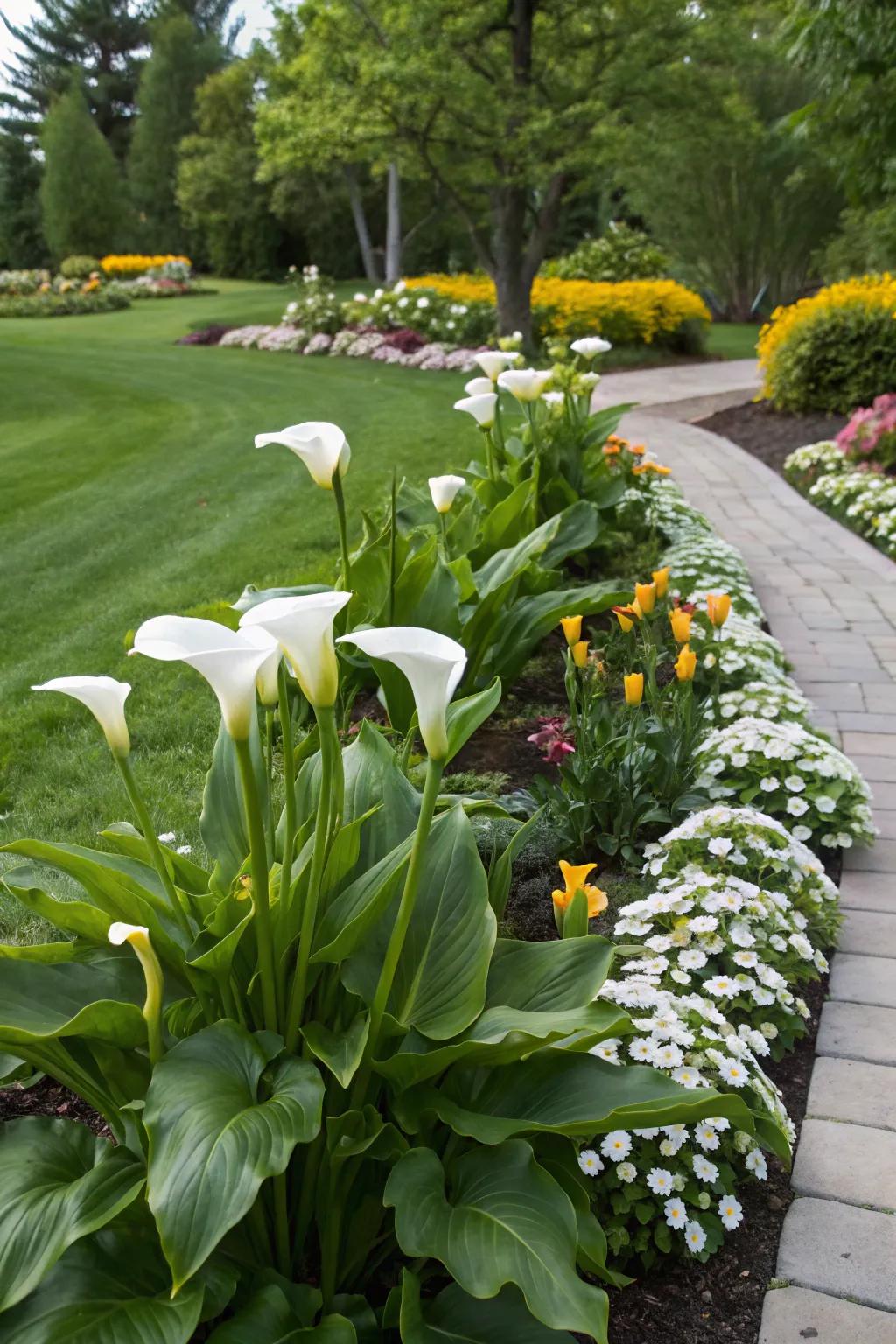 Calla lilies serving as striking garden focal points.