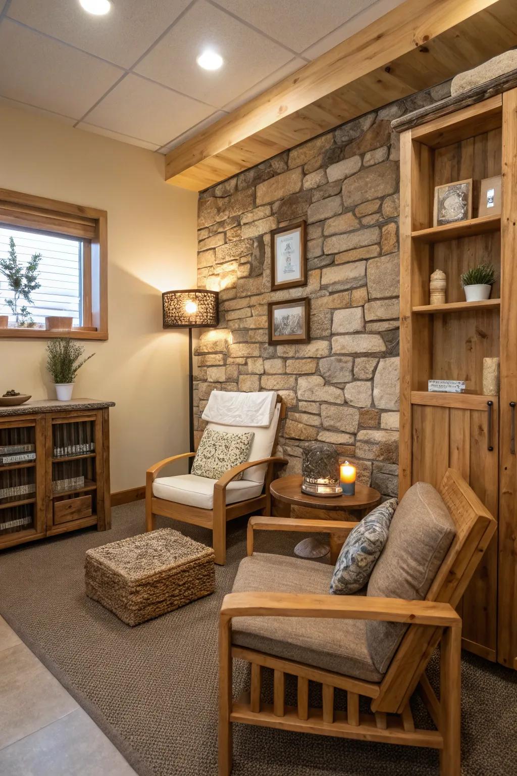 Natural materials establish a grounded ambiance.