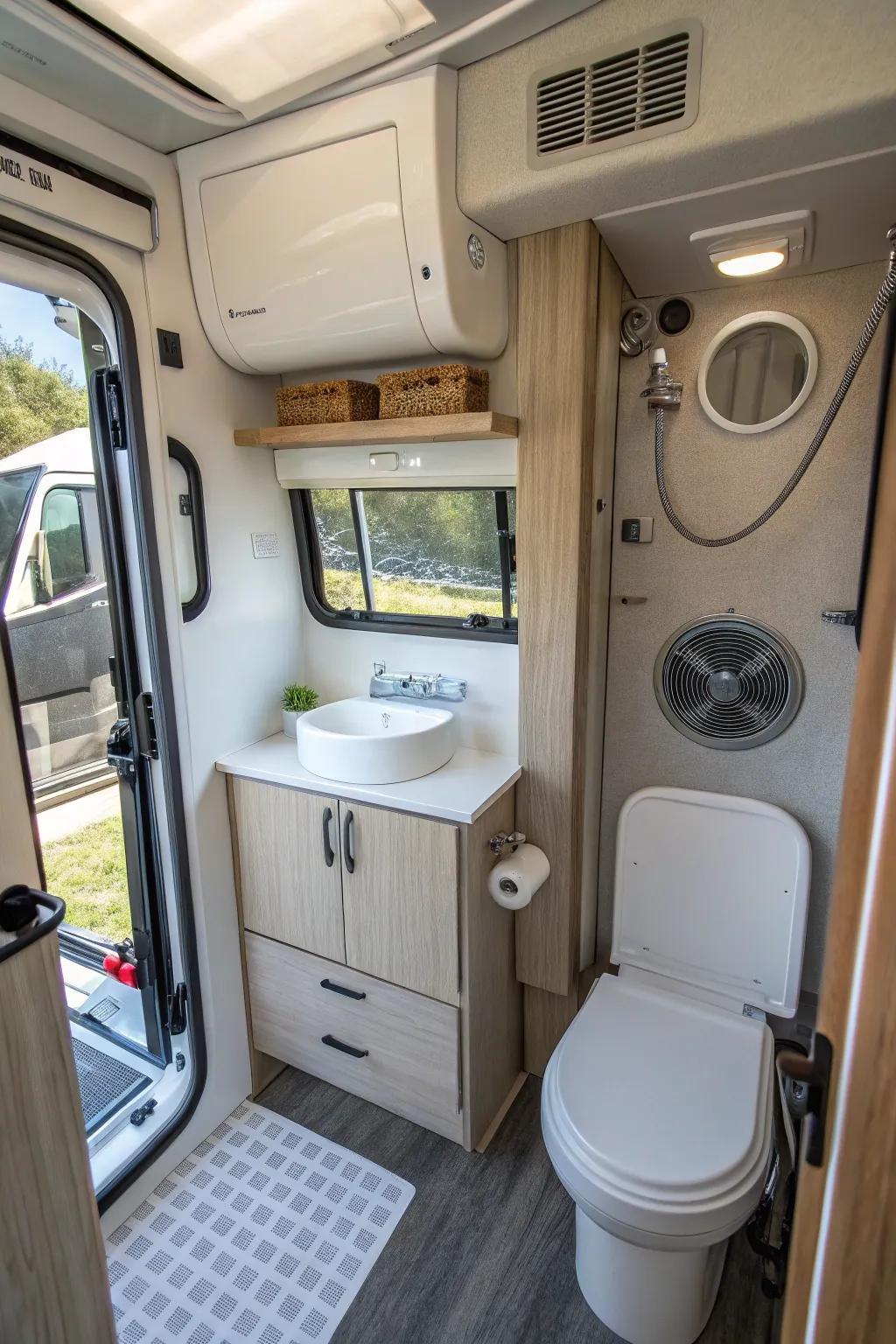 An efficient airflow system in a camper van bathroom.
