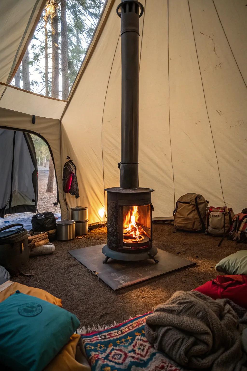 Transform your tent with the warmth of a cozy fireplace.