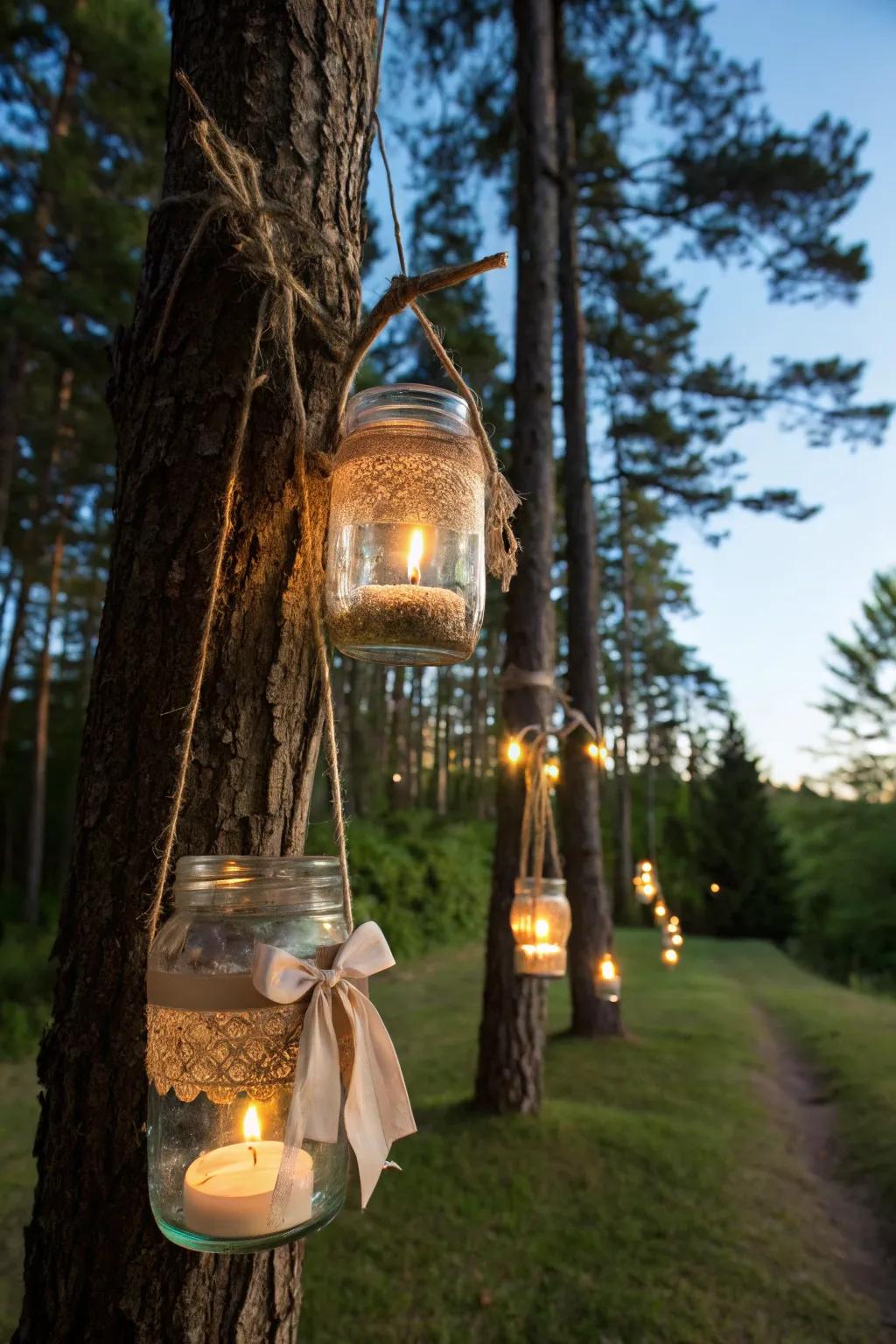 Jar lanterns create a playful outdoor ambiance.