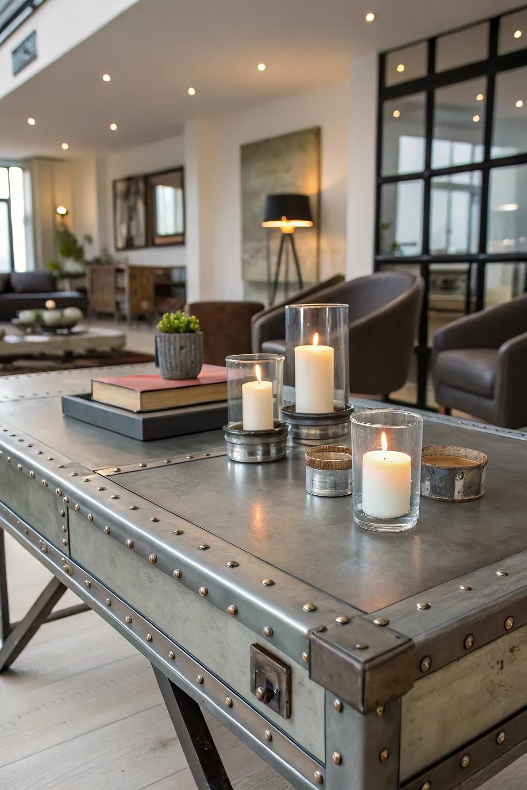 Industrial components grant a contemporary edge to light centerpieces.