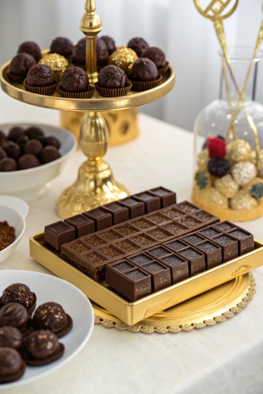 Luxurious chocolate candy bar featuring rich treats and elegant decor.