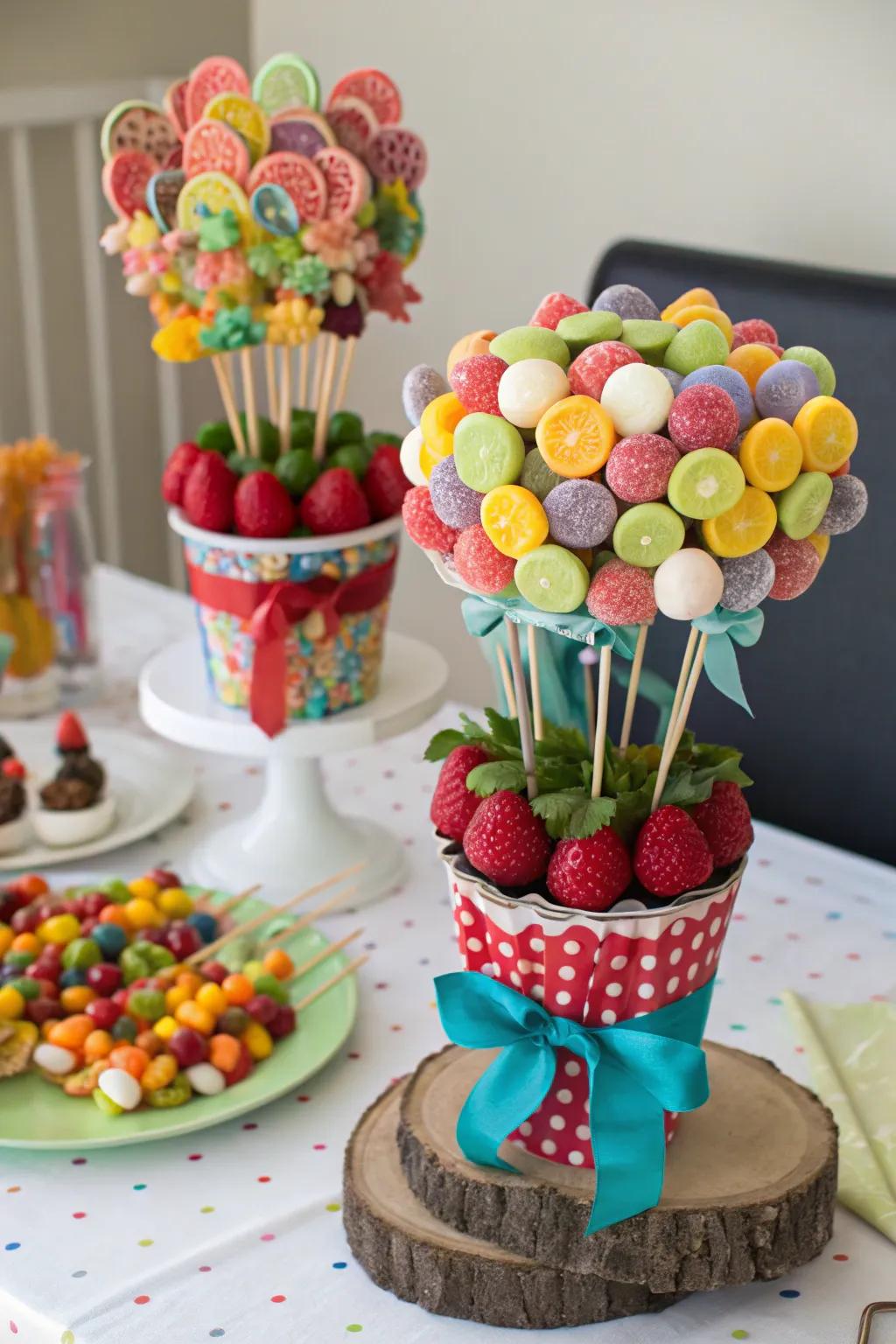 Edible sweet flower arrangements provide a tasty and decorative option.