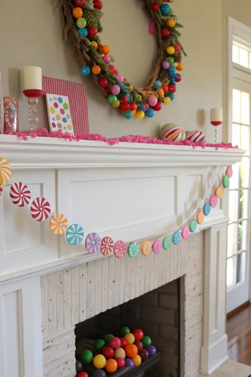 A sweetscape garland adds a whimsical flair to the mantel.