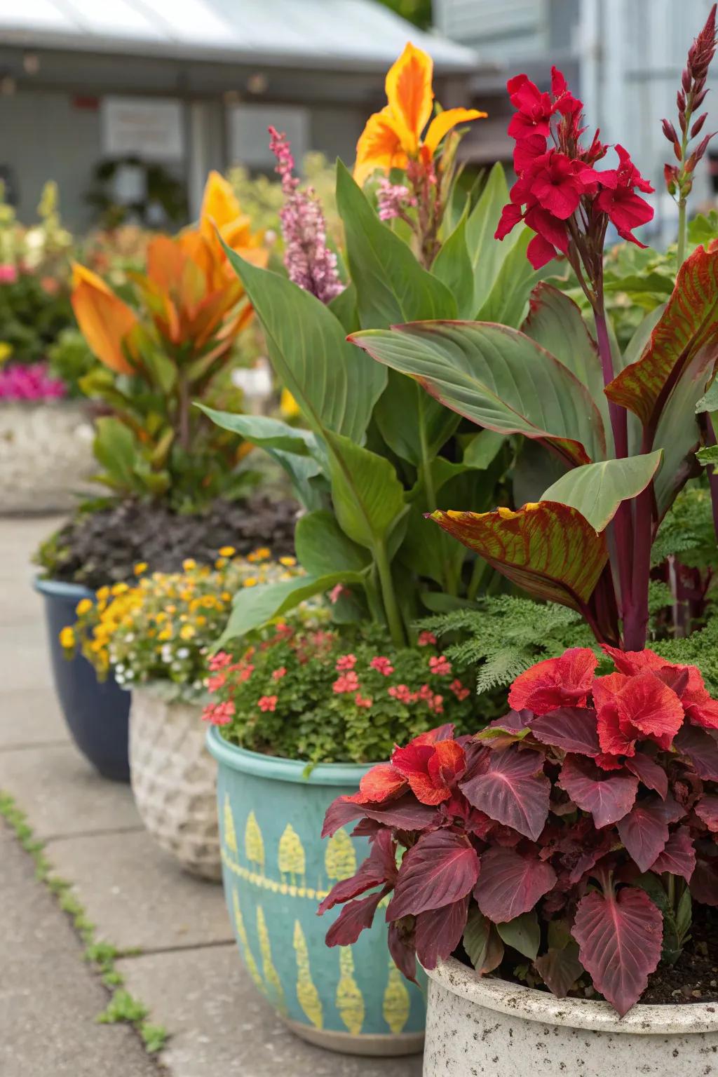 An artistic mix of pinta lilies, coleus, and begonias.