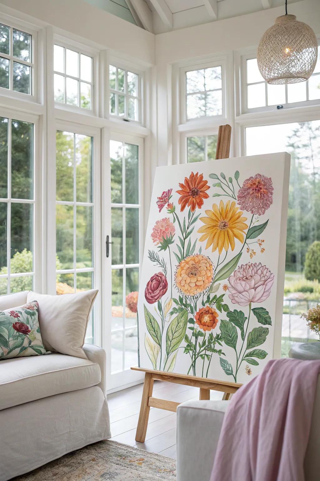 Floral board displayed in a bright living room