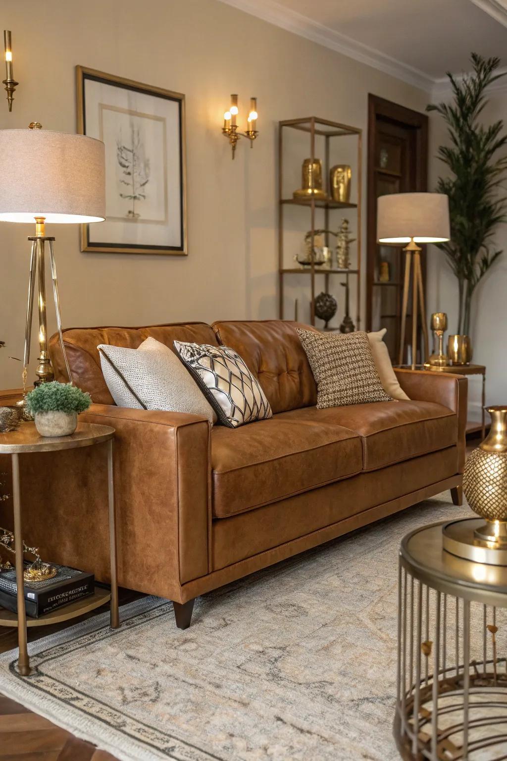 Metallic accents bring a hint of glamour to a tawny sofa setting.