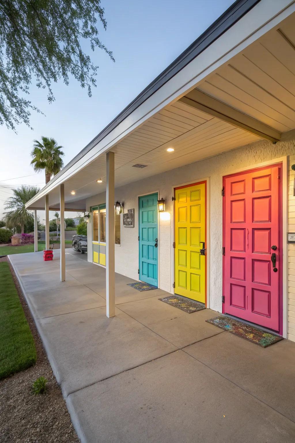 A lively carport featuring colorful door accents that display a customized flair.