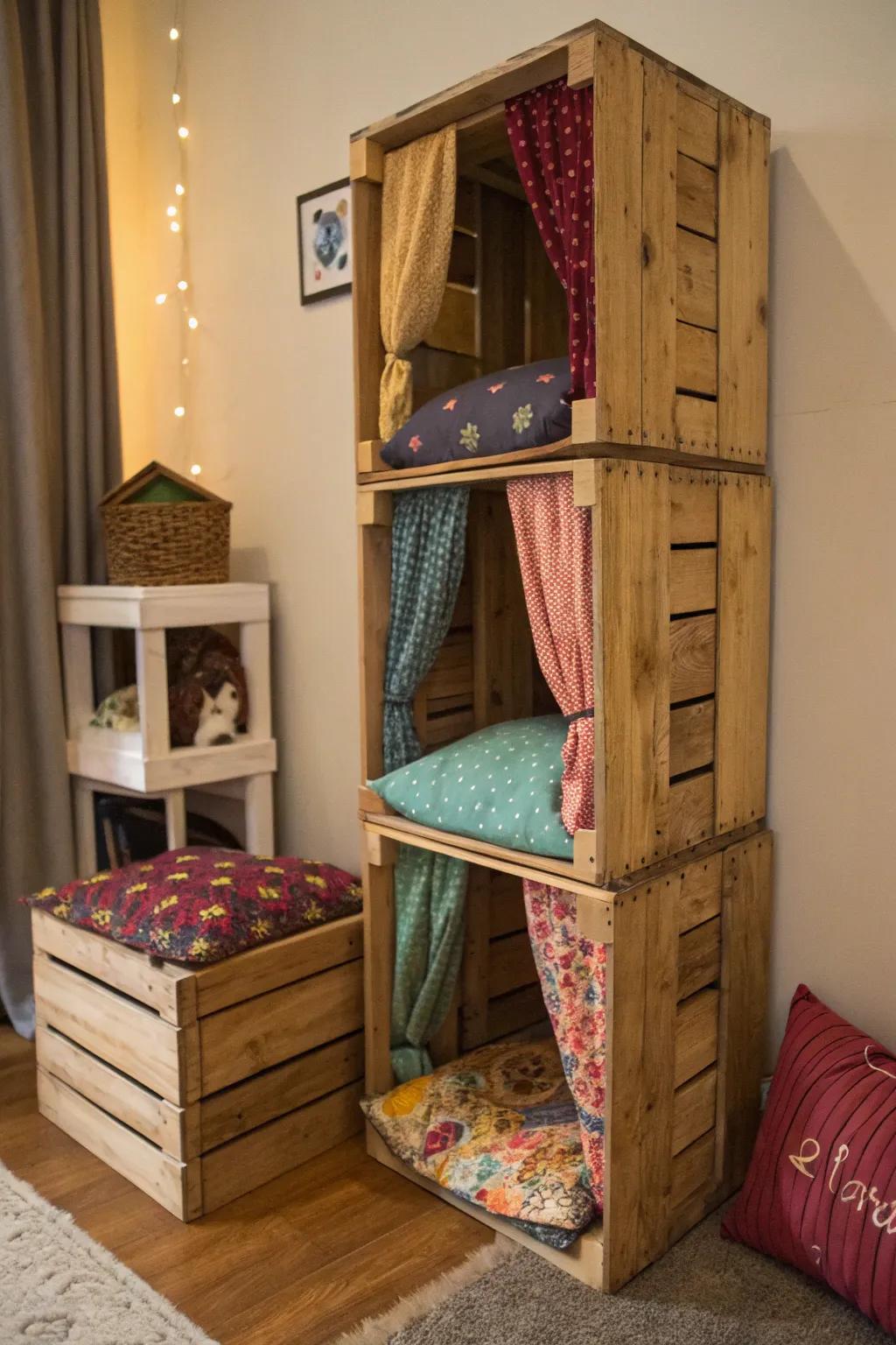 A nook crate ascension that doubles as a stylish cat hideaway.