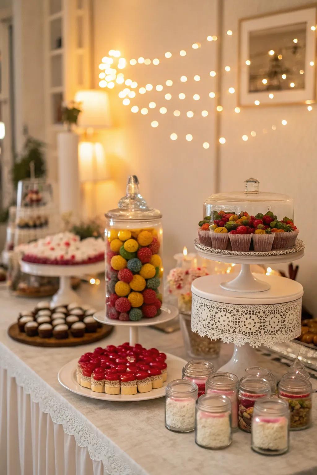 A dessert display adds a sweet focal point.