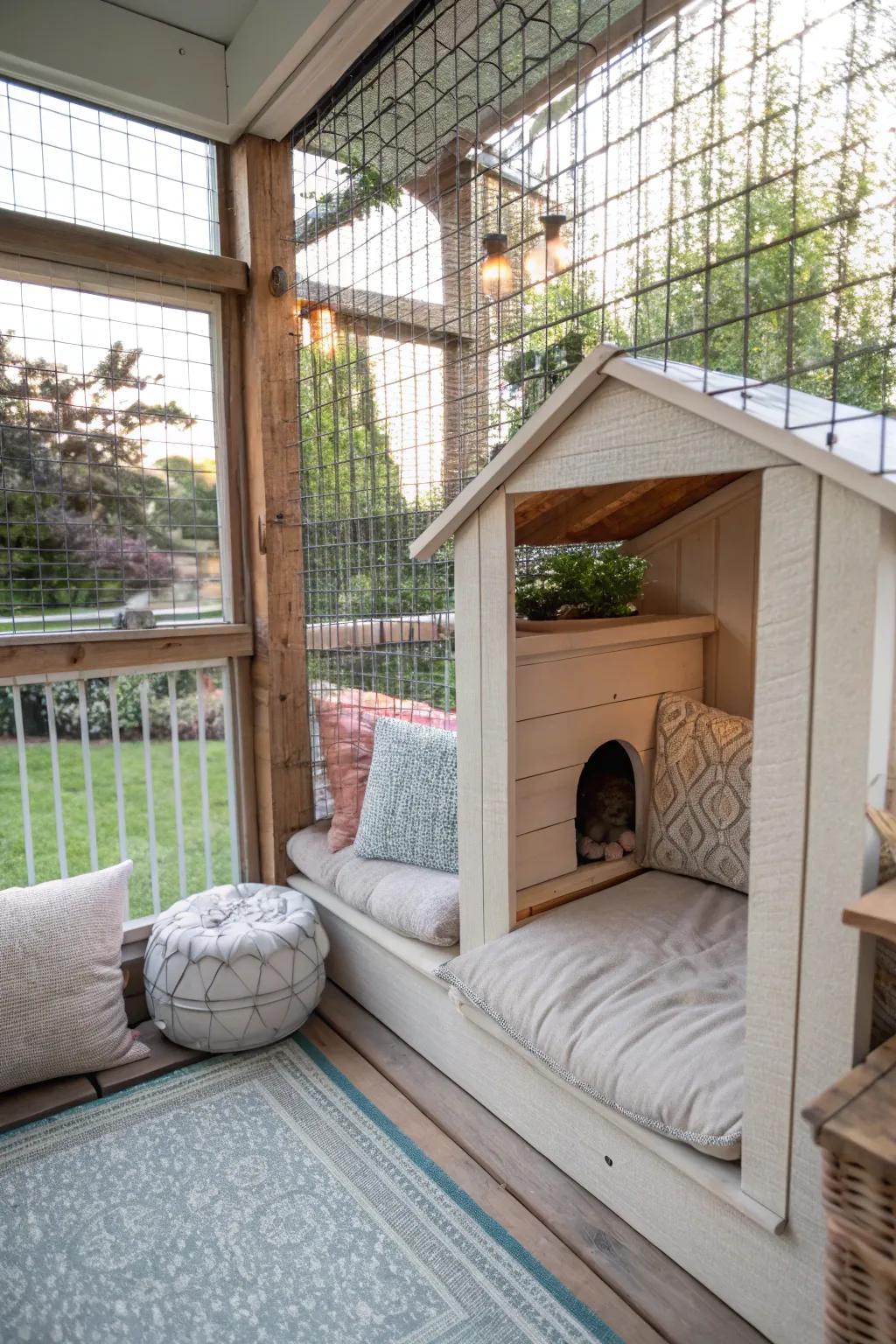 A snug hideaway alcove in a catio, offering privacy and coziness for cats.