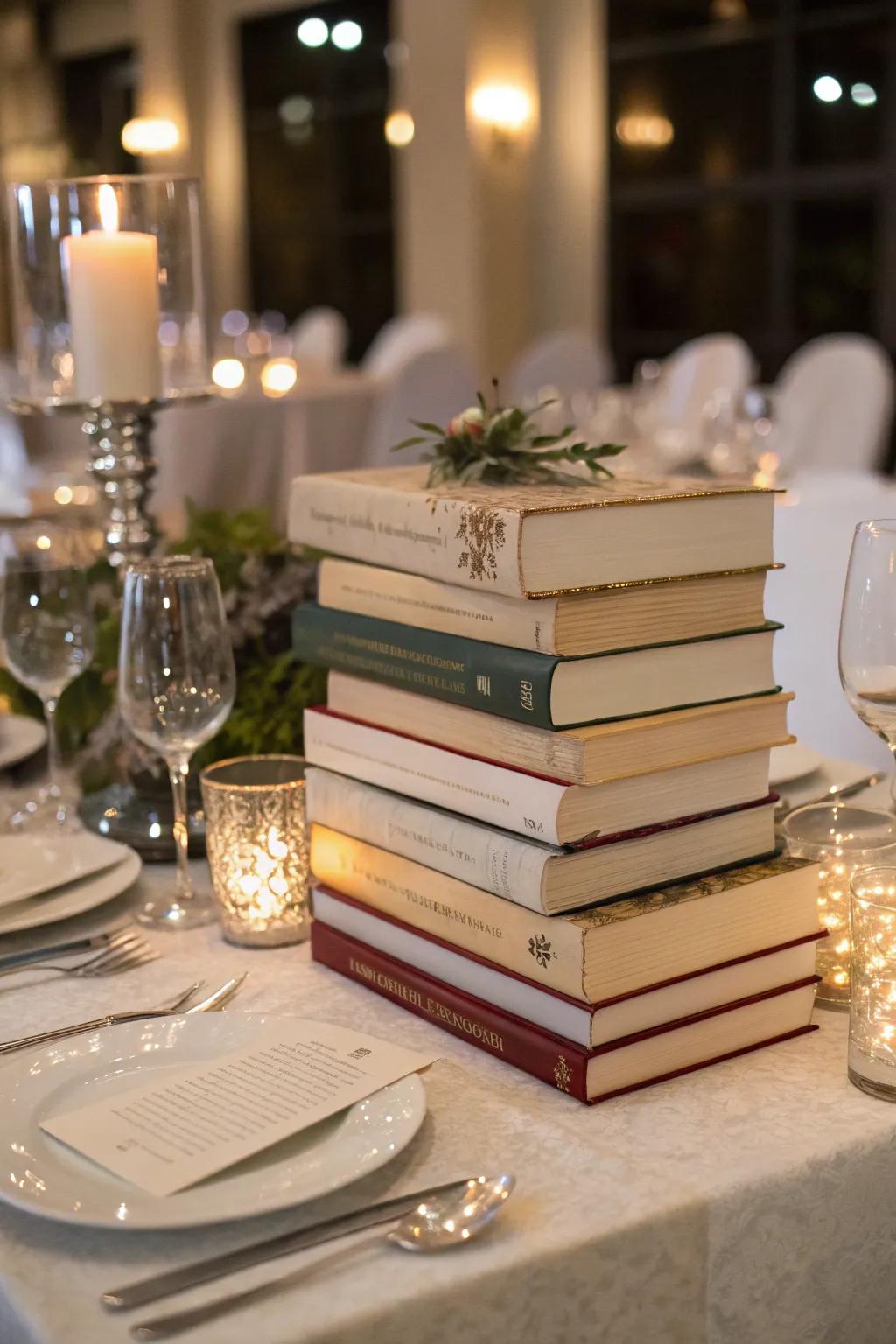 Books contribute a scholastic aspect to the centerpiece decor.