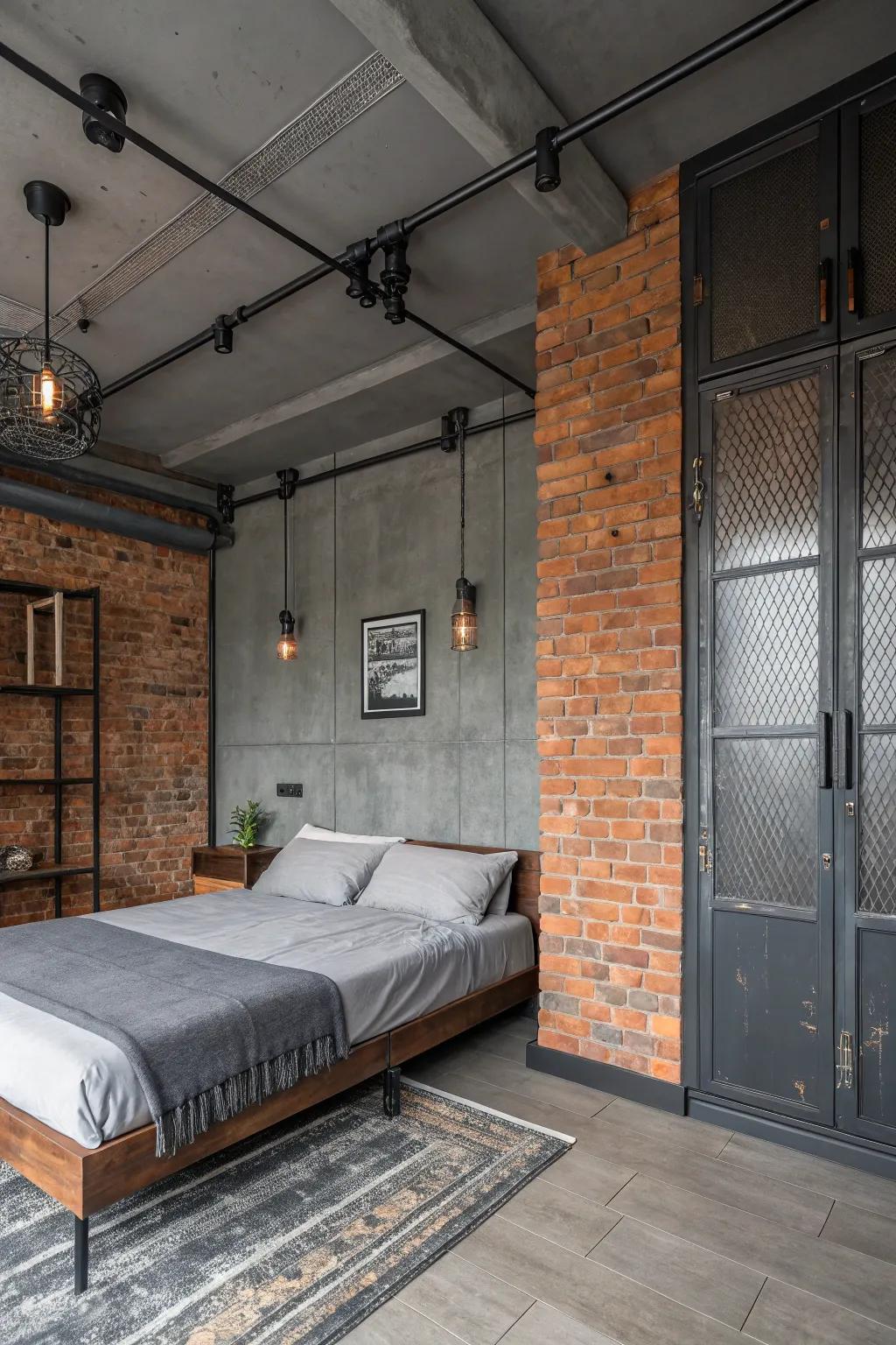 Industrial decor features add an edge to deep gray settings.