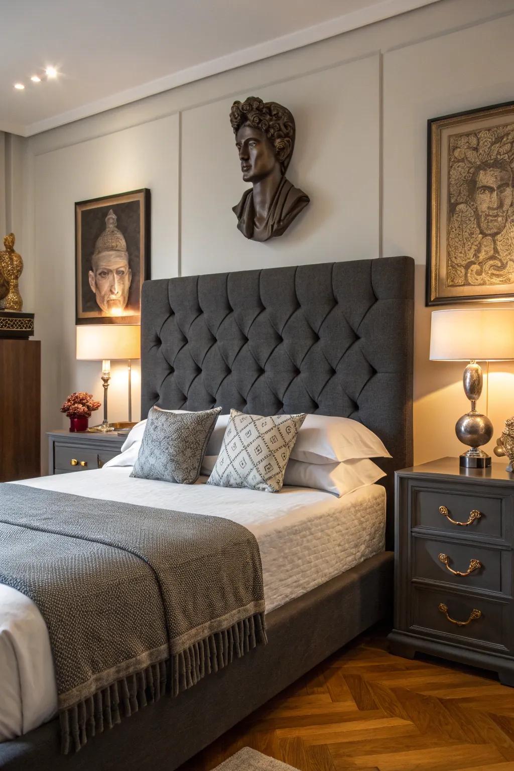 Inventive components personalize and elevate an inky grey headboard space.
