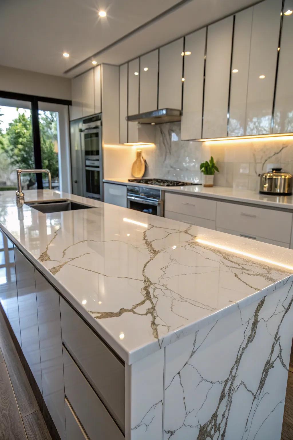 A stylish kitchen features shiny hard coat countertops.