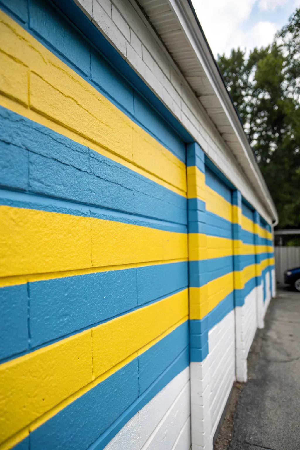 Bands infuse vibrant visual fascination to garage walls.