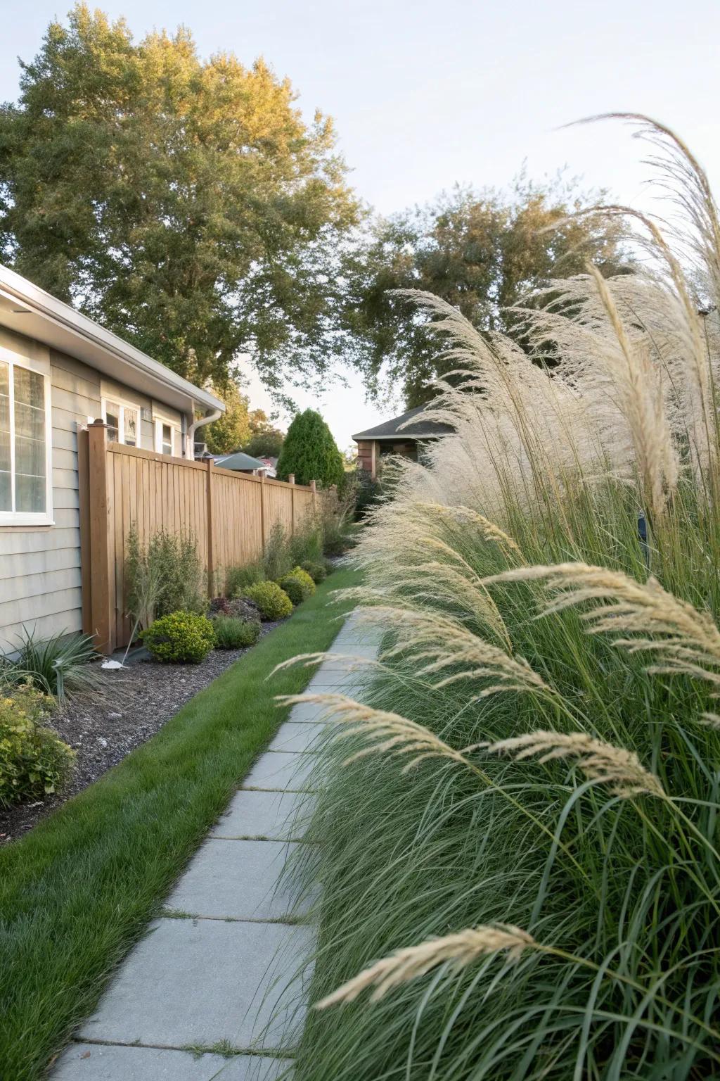 Decorative plants provide a natural and dynamic privacy barrier.