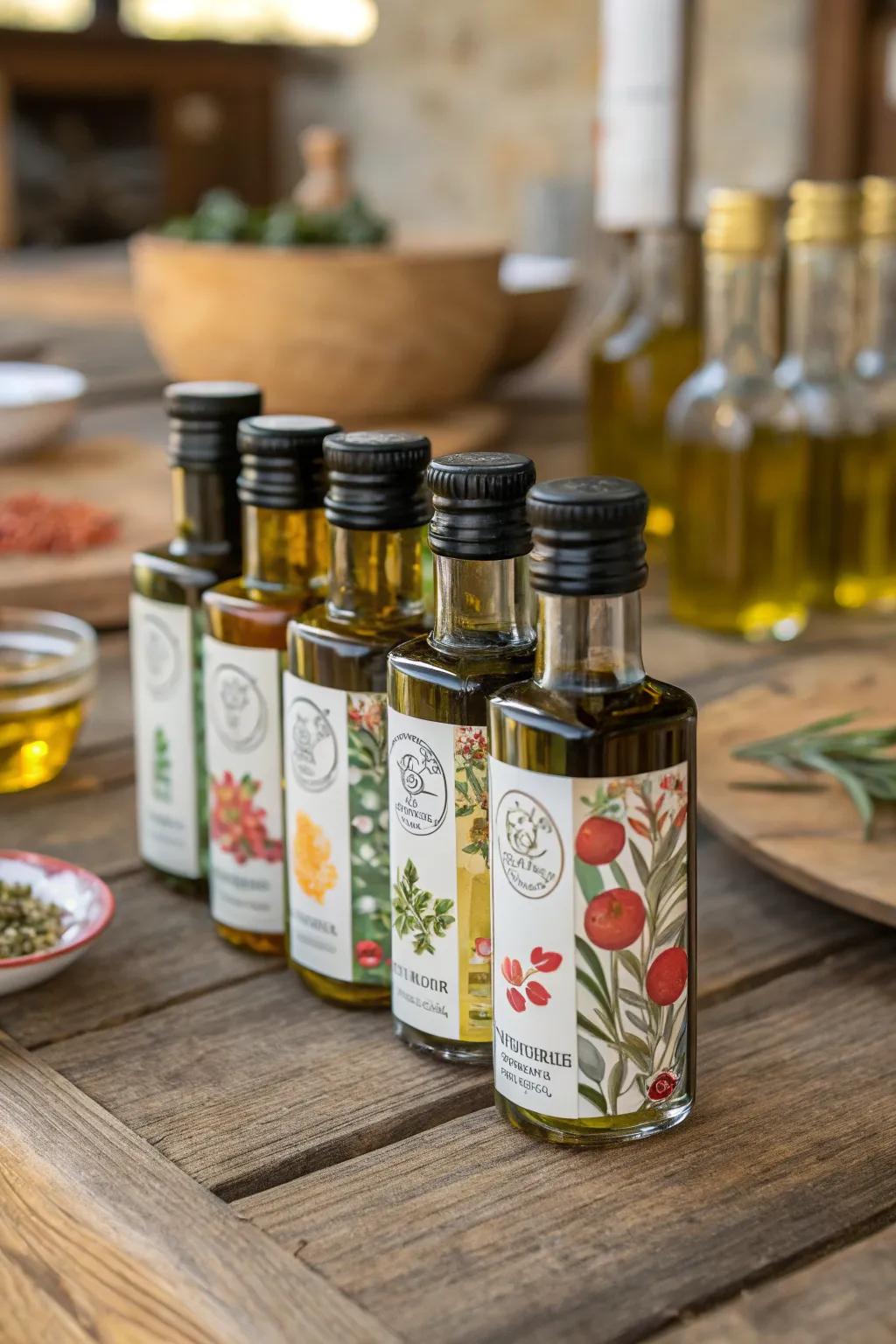 Small olive oil bottles add a gourmet detail to your wedding favors.