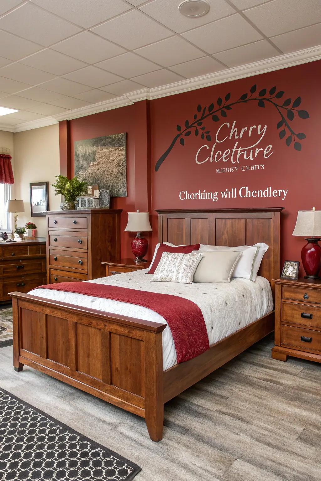 A focal wall imparting drama to a walnut wood bedroom.