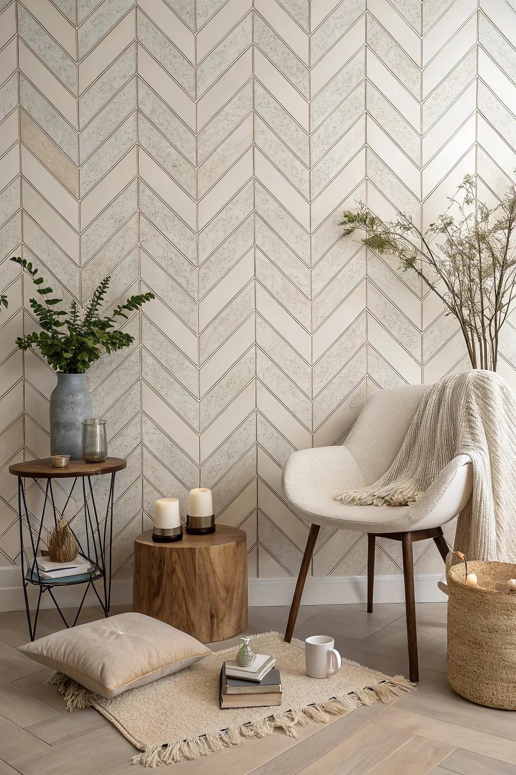 Subtle herringbone patterns in neutral tones add an elegant texture to this minimalist space.
