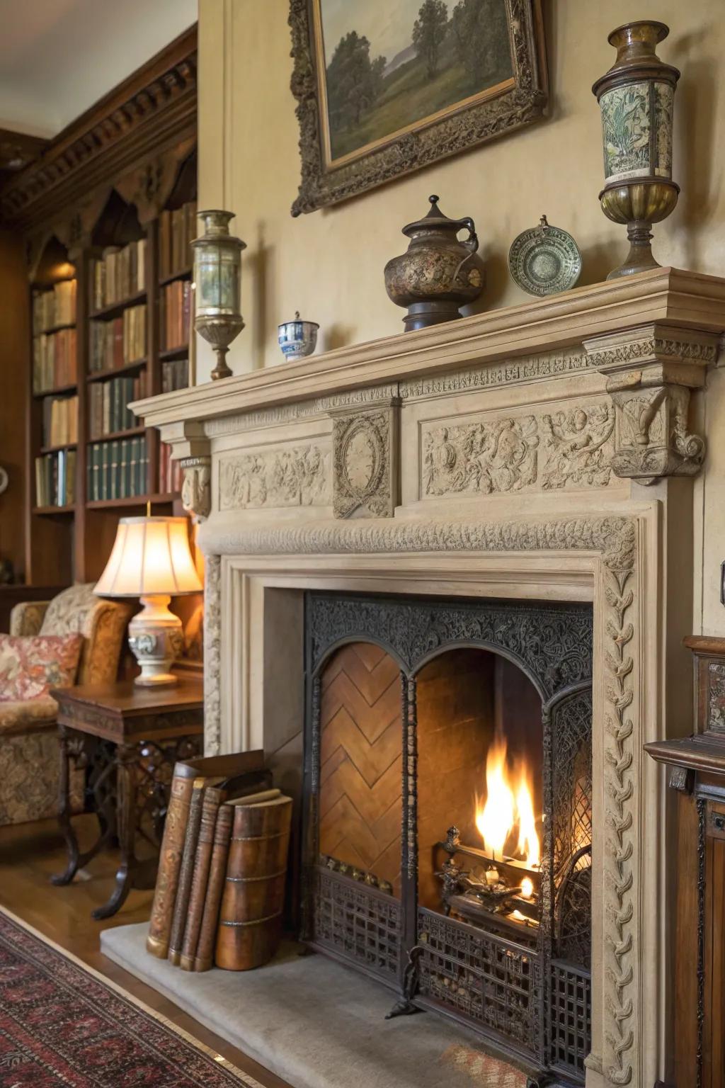 Antique elements surrounding the fireplace bring traditional charm and character.