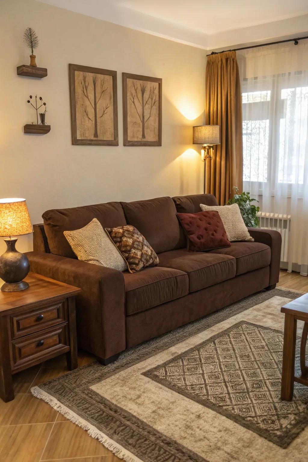 A striking single-tone design with varying shades of brown enhances the cocoa sofa.