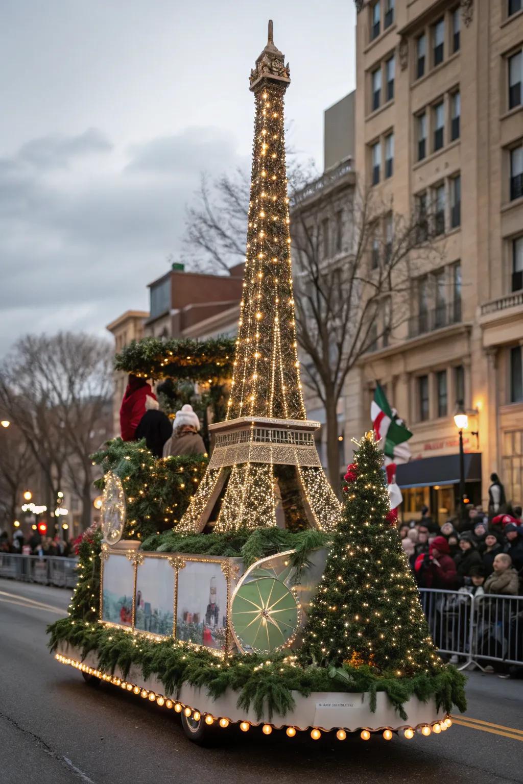 French Noël Elegance float with chic decor and Eiffel Tower.