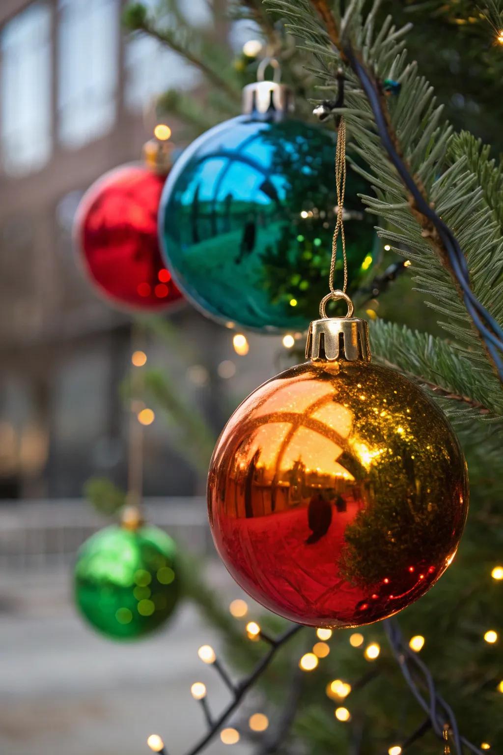Brightly tinted ornaments create a striking visual on your Christmas tree.