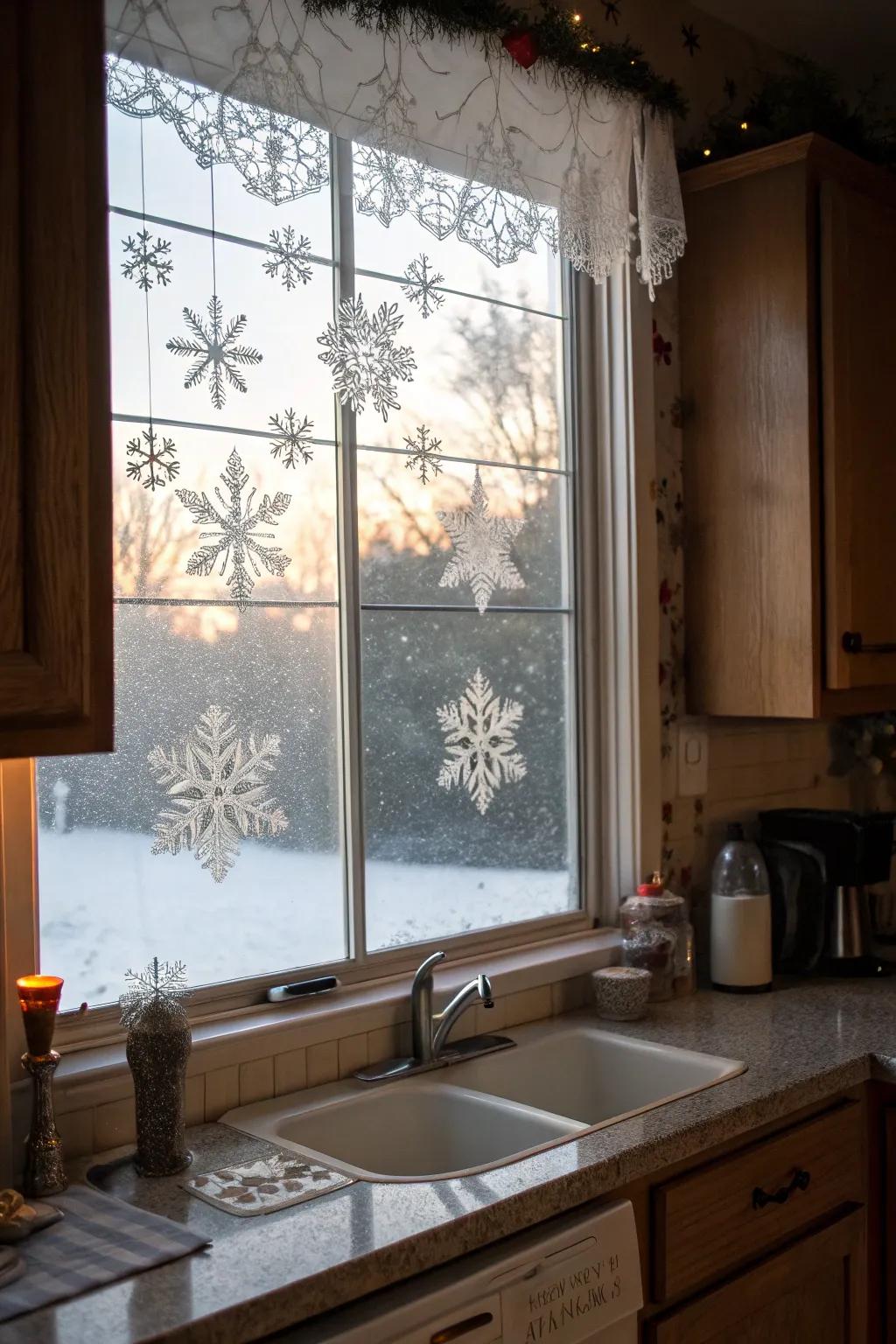 A winter fantasy at the kitchen window featuring snowflake appliqu&eacute;s.