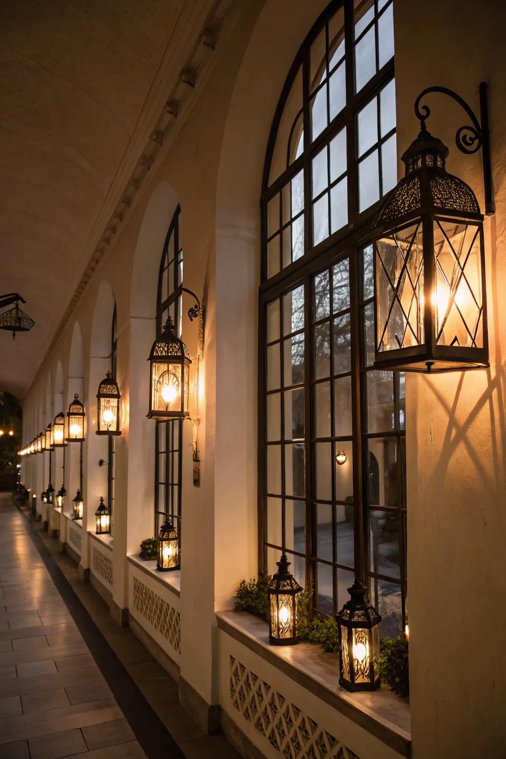 Globes filled with lights line the windows for a snug display.