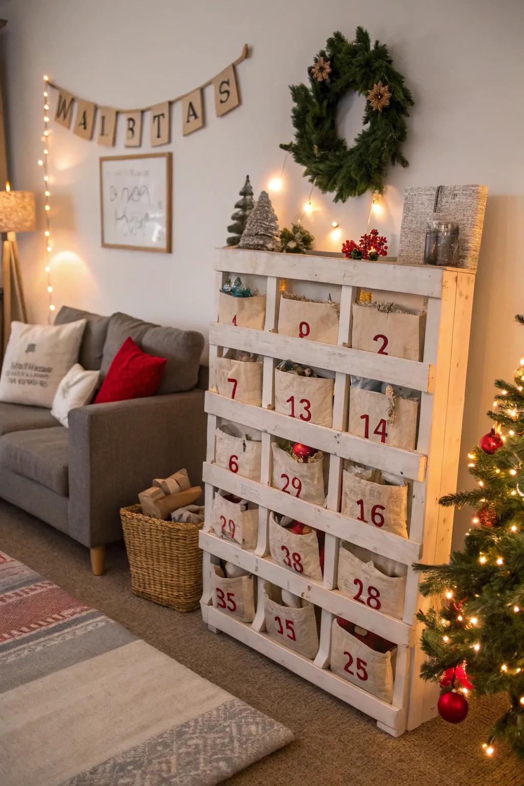 Count down to Christmas through a pallet Advent calendar.