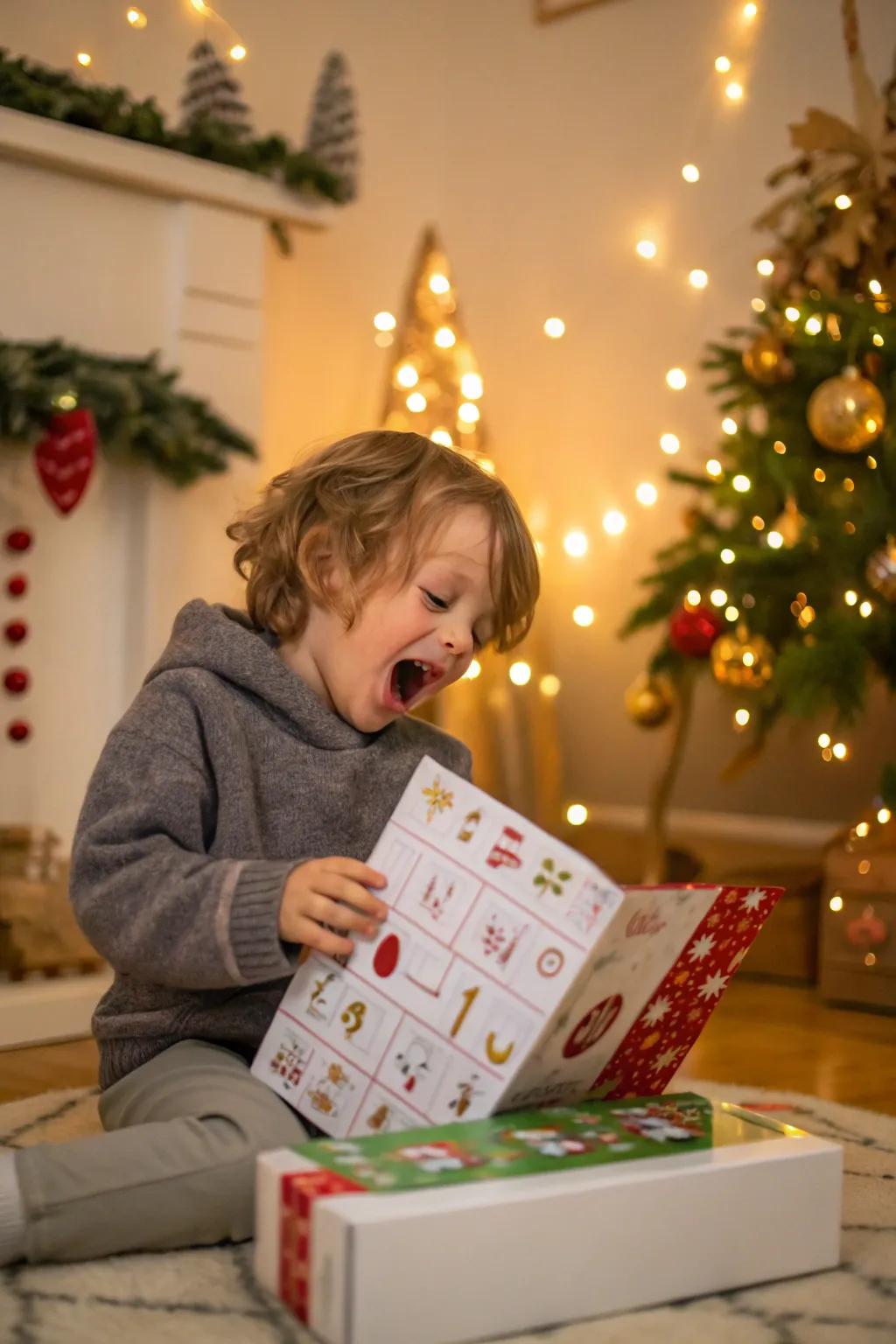 The joy of anticipation captured as a child opens an advent calendar in a festive setting.