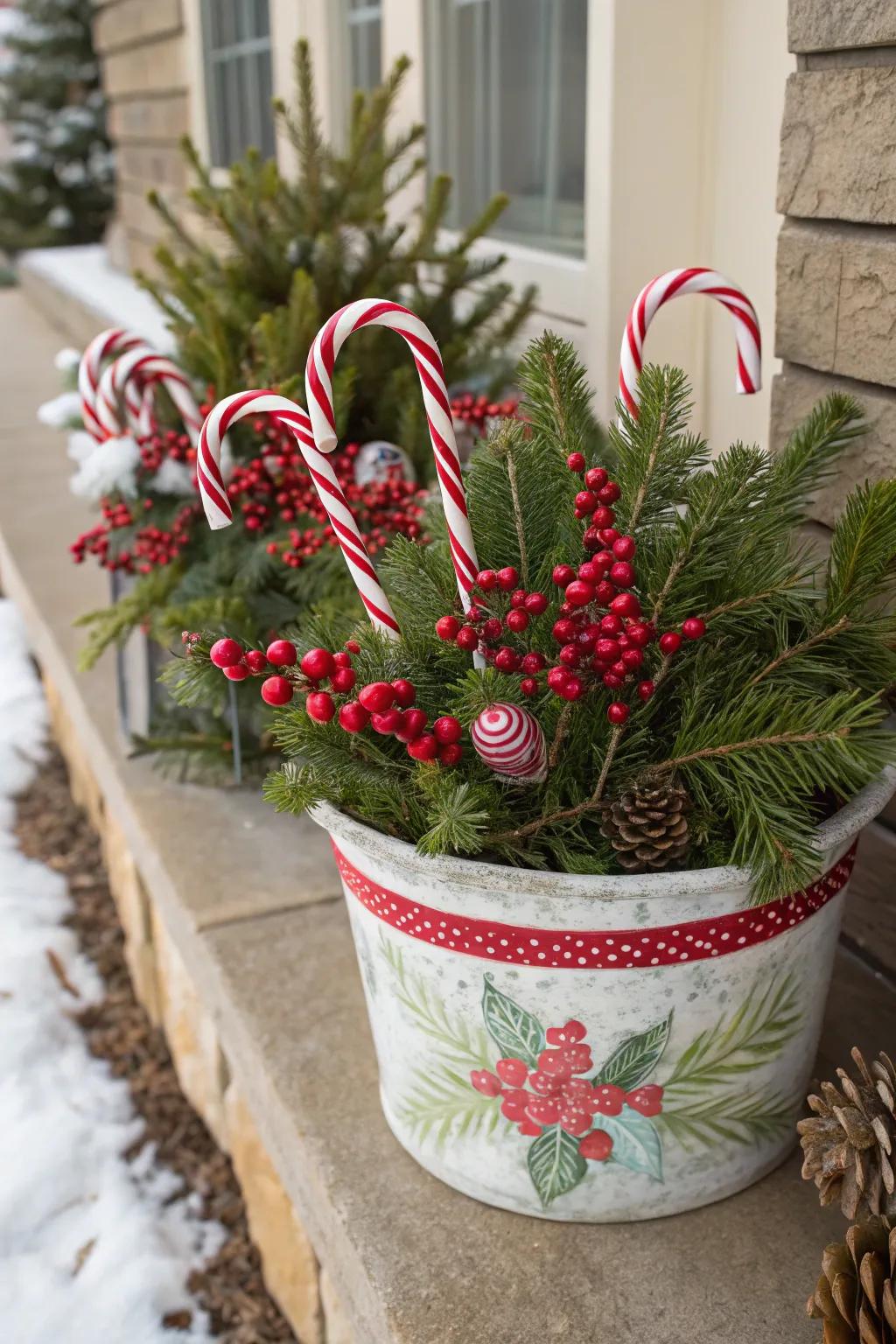 Candy canes add a playful and sweet touch to holiday arrangements.