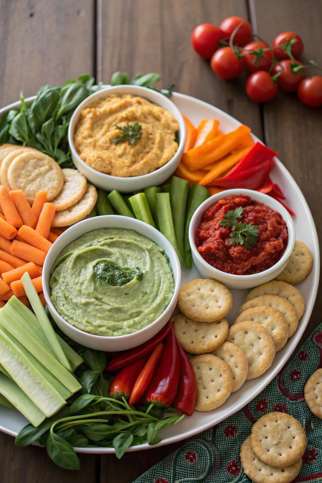 A trio of appetizing dips accompanied by an array of snack options.